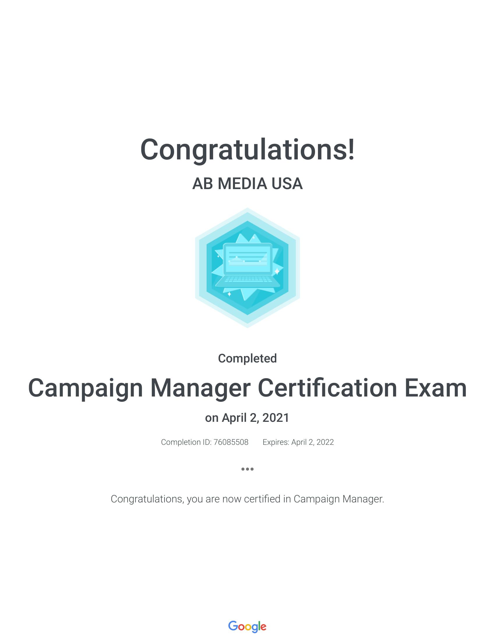 Campaign Manager Certificate - AB Media USA