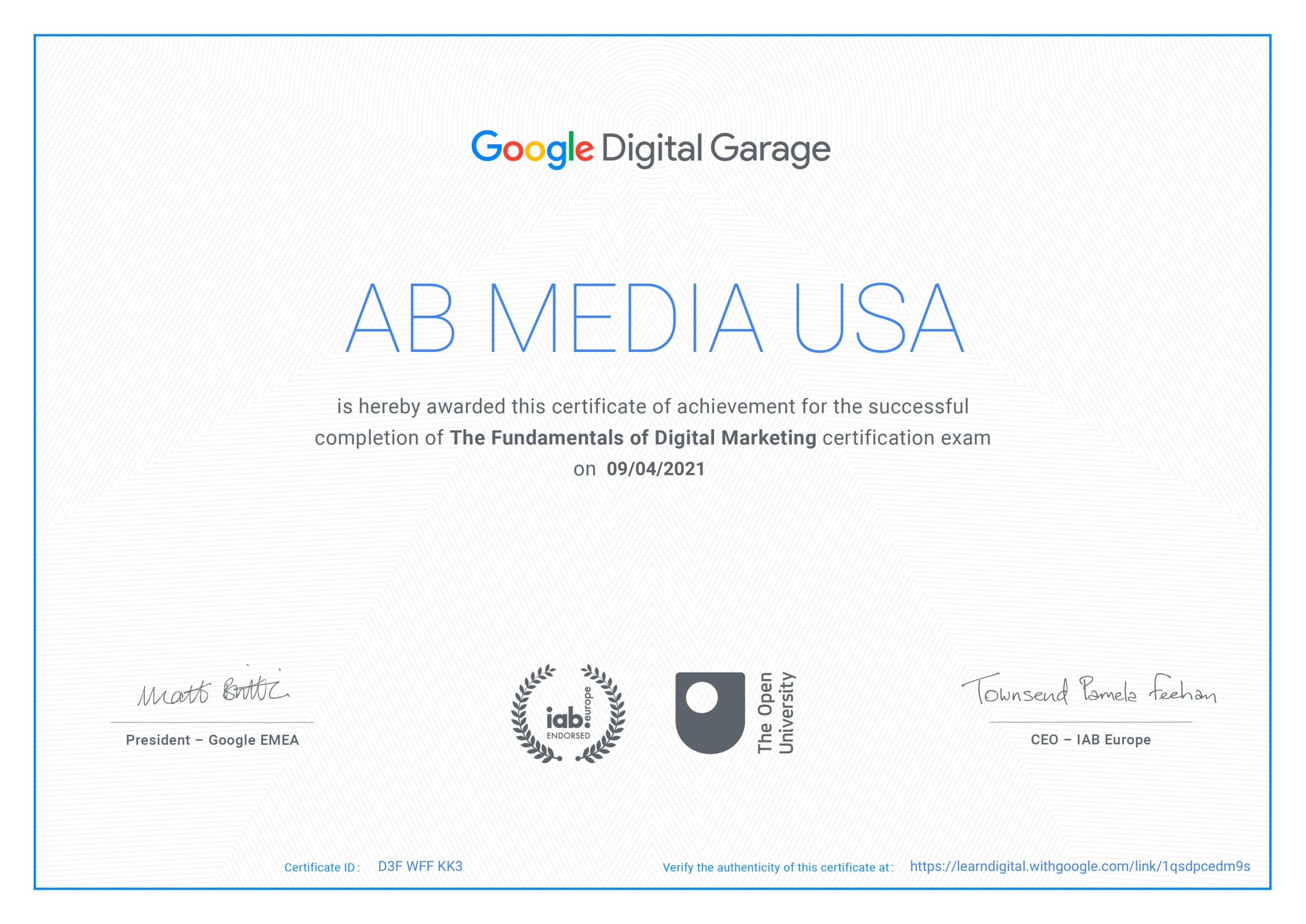 Digital Garage Certificate - AB Media USA