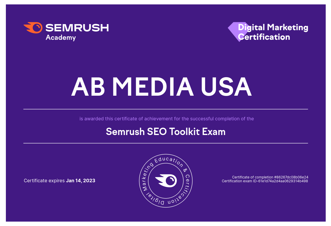 Digital Marketing Certification SEMRUSH - AB Media USA