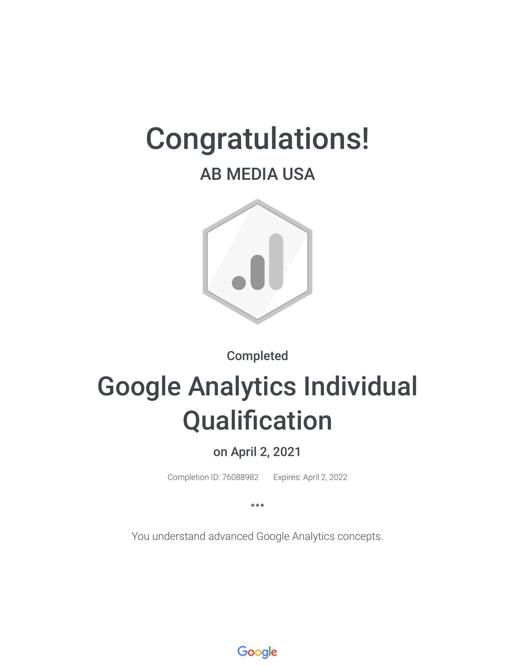 Google Analytics Certificate - AB Media USA