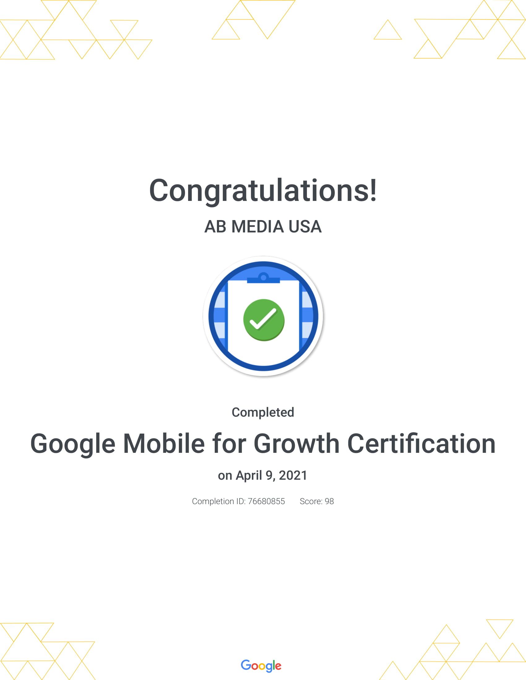 Google Mobile for Growth Certificate - AB Media USA