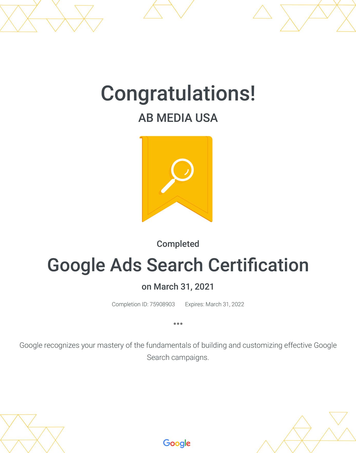  Google Ads Search Certification - AB Media USA