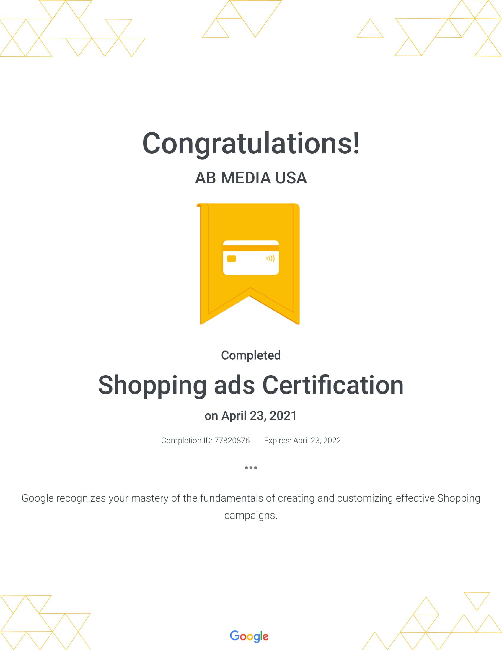 Shopping ads Certification - AB Media USA