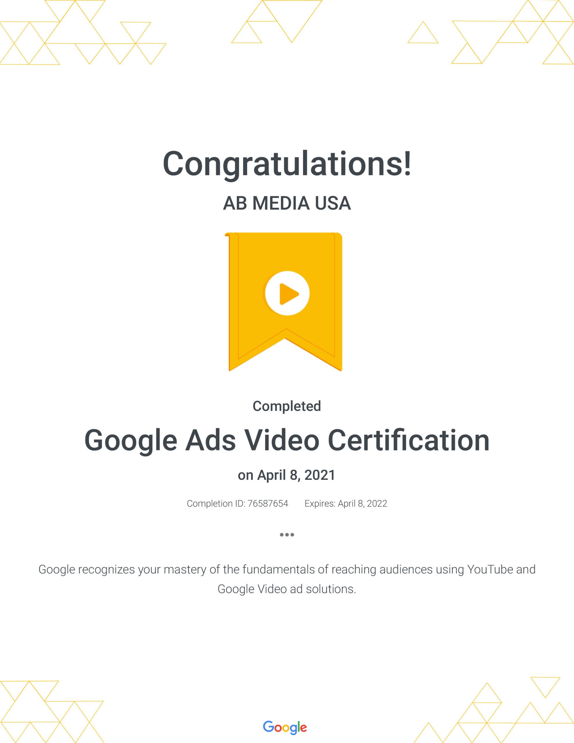 Google Ads Video Certification - AB Media USA